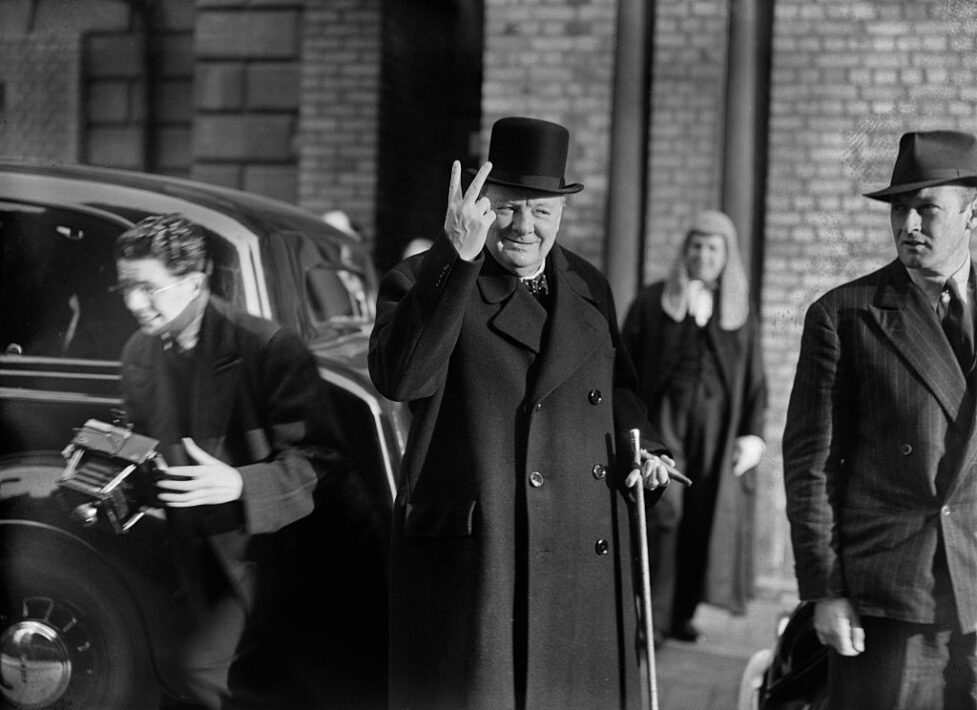 Winston Churchill (1874 - 1965) giving the 'V for Victory' salute in London, after the British victory at the Second Battle of El Alamein, 10th November 1942. (Photo by Reg Speller/Fox Photos/Hulton Archive/Getty Images)