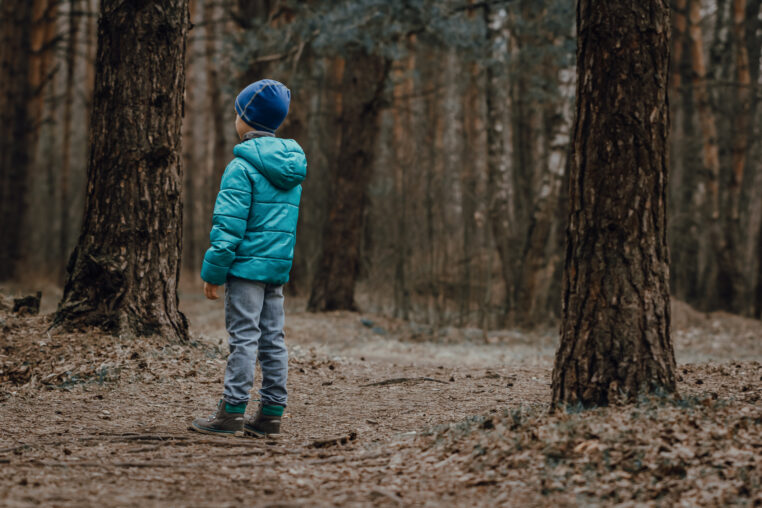 Lost child stands alone in a dark autumn empty forest