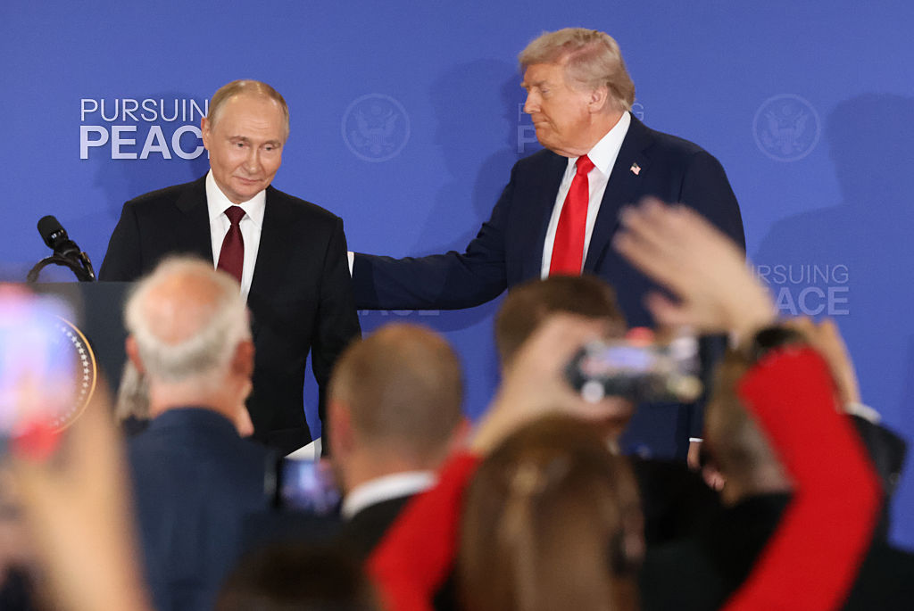ANCHORAGE, ALASKA - AUGUST 15 (RUSSIA OUT) Russian President Putin (L) and U.S. President Donald Trump (R) grimase during their joint press conference after the meeting on war in Ukraine at U.S. Air Base In Alaska on August 15, 2025, in Anchorage, Alaska, United States. Putin is having a one-day trip to Alaska. (Photo by Contributor/Getty Images)
