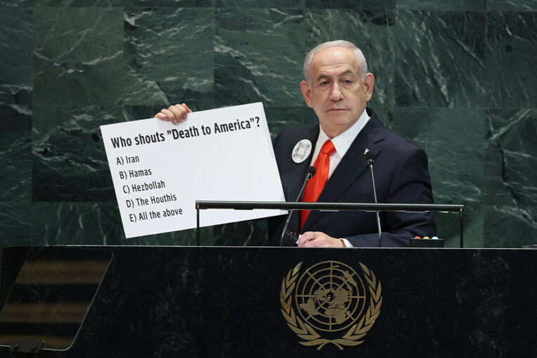 NEW YORK, NEW YORK - SEPTEMBER 26: Israeli Prime Minister Benjamin Netanyahu addresses world leaders during the United Nations General Assembly (UNGA) at the United Nations headquarters on September 26, 2025 in New York City. World leaders convened for the 80th Session of UNGA, with this year’s theme for the annual global meeting being “Better together: 80 years and more for peace, development and human rights.” (Photo by Michael M. Santiago/Getty Images)