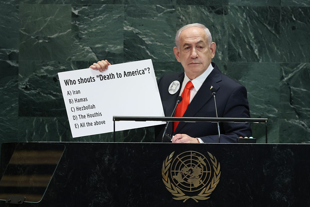 NEW YORK, NEW YORK - SEPTEMBER 26: Israeli Prime Minister Benjamin Netanyahu addresses world leaders during the United Nations General Assembly (UNGA) at the United Nations headquarters on September 26, 2025 in New York City. World leaders convened for the 80th Session of UNGA, with this year’s theme for the annual global meeting being “Better together: 80 years and more for peace, development and human rights.” (Photo by Michael M. Santiago/Getty Images)