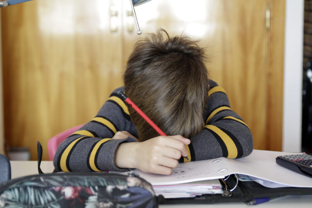 Boy doing homework. Boy homeschooling