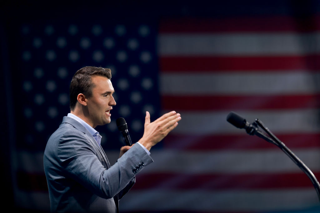 WEST PALM BEACH, FLORIDA—JULY 26: Charlie Kirk, who founded Turning Point USA, speaks before former President Donald Trump's arrival during a Turning Point USA Believers Summit conference at the Palm Beach Convention Center on July 26, 2024 in West Palm Beach, Florida. Trump had earlier in the day met with Israeli Prime Minister Benjamin Netanyahu at Mar-a-Lago. (Photo by Joe Raedle/Getty Images)