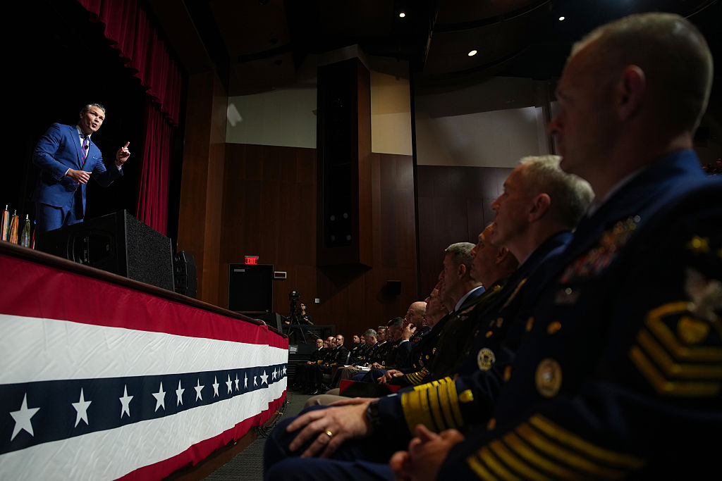 QUANTICO, VIRGINIA - SEPTEMBER 30: U.S. Secretary of War Pete Hegseth speaks to senior military leaders at Marine Corps Base Quantico on September 30, 2025 in Quantico, Virginia. In an unprecedented gathering, almost 800 generals, admirals and their senior enlisted leaders have been ordered into one location from around the world on short notice. (Photo by Andrew Harnik/Getty Images)