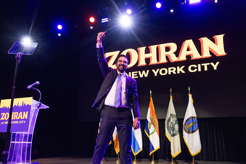 NEW YORK, NEW YORK - NOVEMBER 04: Democratic New York City mayoral candidate Zohran Mamdani delivers remarks at his election night watch party at the Brooklyn Paramount Theater on November 04, 2025 in the Brooklyn borough in New York City. Mamdani defeated Independent candidate Andrew Cuomo and Republican candidate Curtis Sliwa in the election for New York City mayor.(Photo by Andrew Lichtenstein/Corbis via Getty Images)
