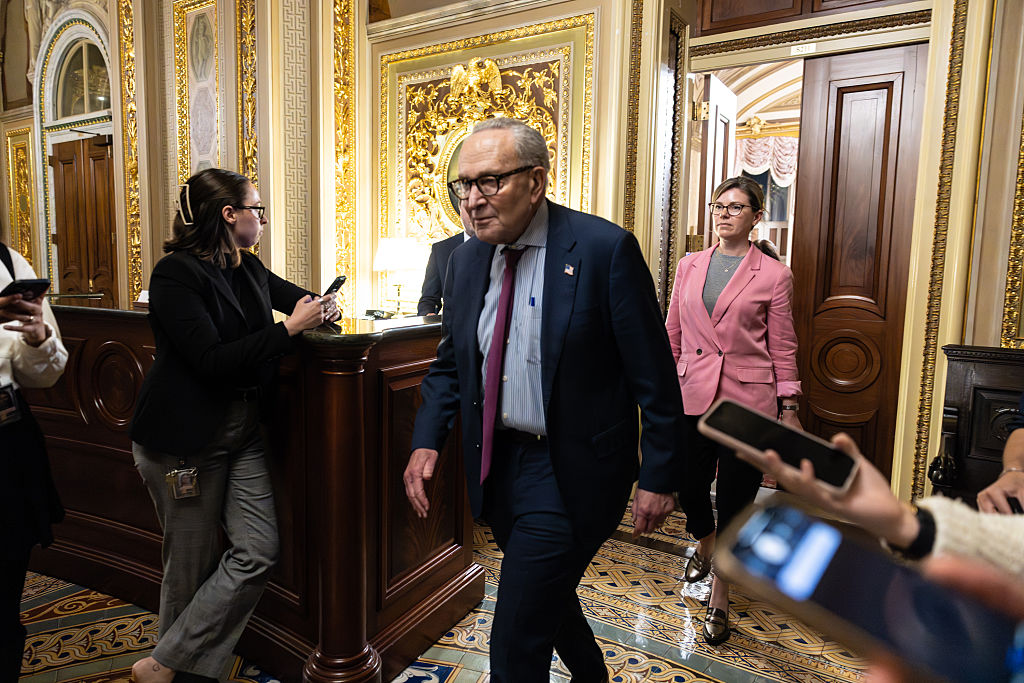 WASHINGTON, DC - NOVEMBER 09: Senate Majority Leader Chuck Schumer (D-NY) departs from a Democratic caucus meeting on Capitol Hill on November 9, 2025 in Washington, DC. The Senate convened for a rare Sunday session in an attempt to end the government shutdown. (Photo by Anna Rose Layden/Getty Images)