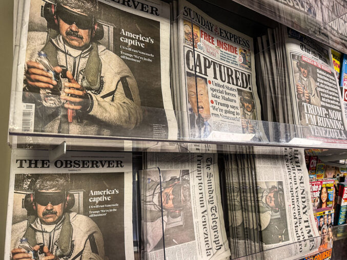 CHILCOMPTON, UNITED KINGDOM - JANUARY 04: UK newspaper front pages display stories on the capture and arrest of President Nicolas Maduro from Venezuela in a newsagent shop, on January 4, 2026 in Somerset, England. (Photo by Matt Cardy/Getty Images)